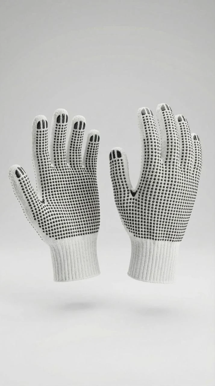 Par de guantes tejidos blancos con puntos negros de agarre
